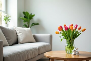 A cozy living room scene featuring a light gray sofa, complemented by a vase of vibrant tulips in a contemporary glass vase, and a small decorative rabbit figurine on a wooden coffee table.