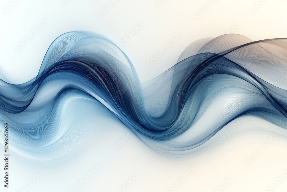 Poster fluid abstract design depicting smooth waves in shades of blue on a light background in a contempora