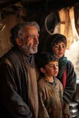Obraz premium Cinematic Village Scene of 55-Year-Old Yaqoub, His Wife, and Their Two Sons in Traditional Attire