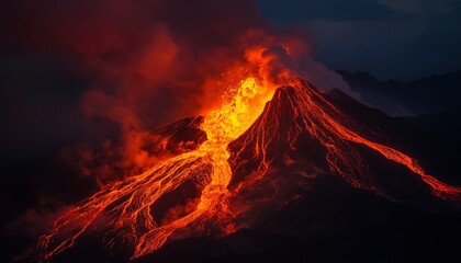 Volcano Erupting with Lava Flow at Night