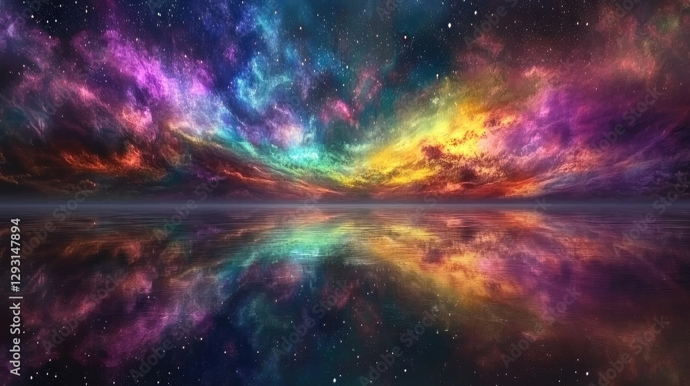 Poster the southern lights reflecting off the surface of a snow-covered plain, creating a magical and color
