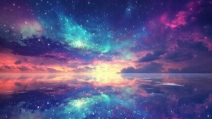 Fototapeta premium The Southern Lights reflecting off the surface of a snow-covered plain, creating a magical and colorful spectacle.