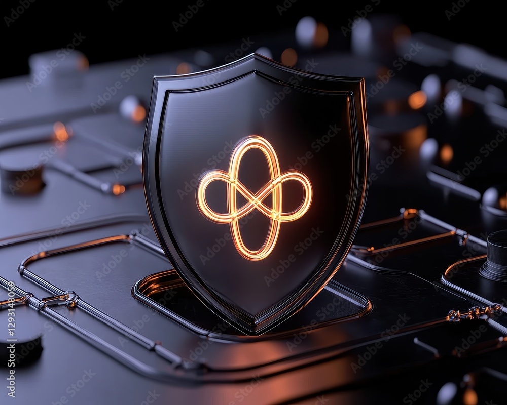 Poster a sleek shield symbol highlighting digital security on a circuit board background.