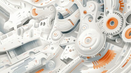 Abstract intricate machine parts in white and orange. Complex mechanical design with gears, components, and curves.