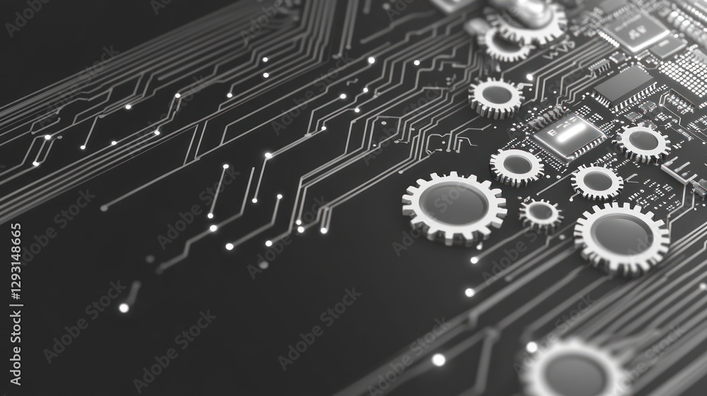 Aufkleber close-up of circuit board with gears, showcasing intricate technology and mechanical components.