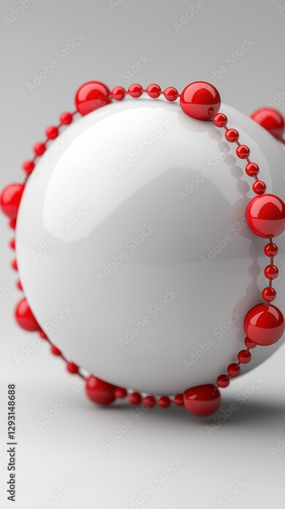 Poster a spherical model with red beads representing molecular structures and connections.