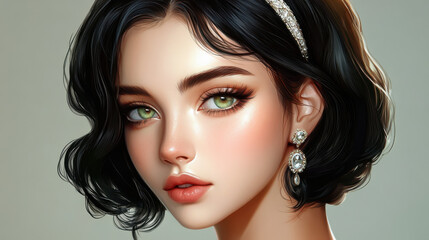 Fototapeta premium A hyper-realistic close-up portrait of a striking young woman with almond-shaped hazel eyes, expressive arched eyebrows, and luminous skin