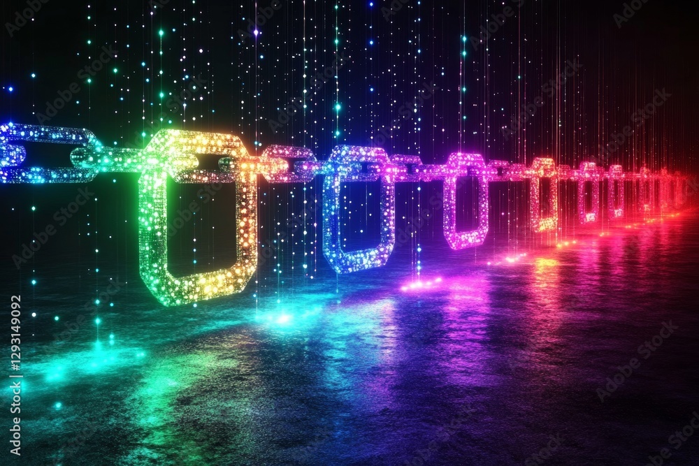 Poster colorful glowing chain links illuminated by shimmering lights in a dark setting
