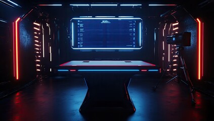 Obraz premium Futuristic esports table, dark room, holographic display