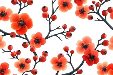 Vibrant red flowers and berries create a beautiful pattern on a white background showcasing floral elegance