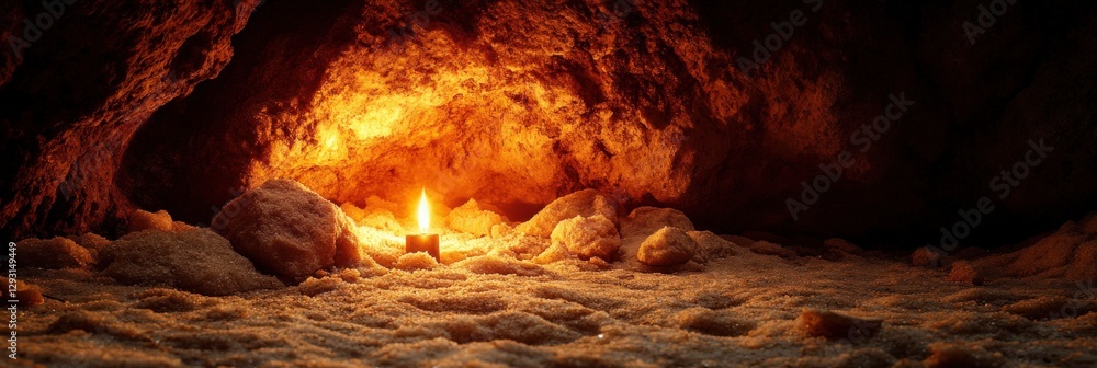 Poster a mysterious glow: candle illuminating a dark cave surrounded by stones and soft textured surfaces, 