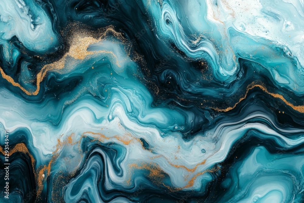 Poster intricate blue and gold abstract design featuring flowing waves and textures in a captivating compos