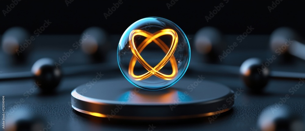 Poster a stunning representation of atomic structure with glowing energy in a glass sphere.