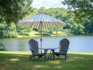 Obraz premium Striped white and gray umbrella with two chairs on the grass near a lake, featuring a gray Adirondack armchair, a plastic lounge chair, and a round table with black metal legs.