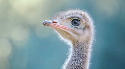 Close-up of a young ostrich with soft feathers and large eyes against a blurred blue background. Wildlife portrait and nature concept