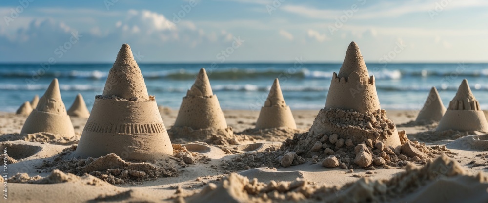 Poster sandcastles on the beach with a serene ocean backdrop and ample blank space for text or creative add