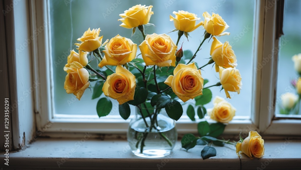 Poster yellow roses in a vase on a windowsill with natural light and empty space for text in a cozy indoor 