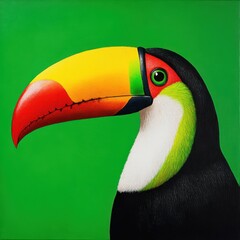 Naklejka premium Vibrant toucan portrait against a bright green background.