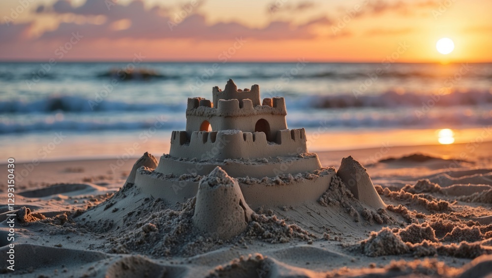Poster sandcastle on the beach at sunset with gentle waves in the background creating a serene coastal atmo