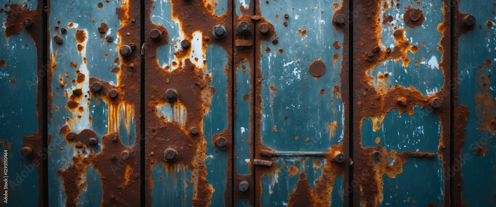 Poster weathered metal wall with rust stains and bolts creating a textured, industrial background for desig