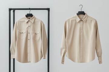 Two beige long-sleeve shirts displayed on hangers in a minimalist setting against a light background