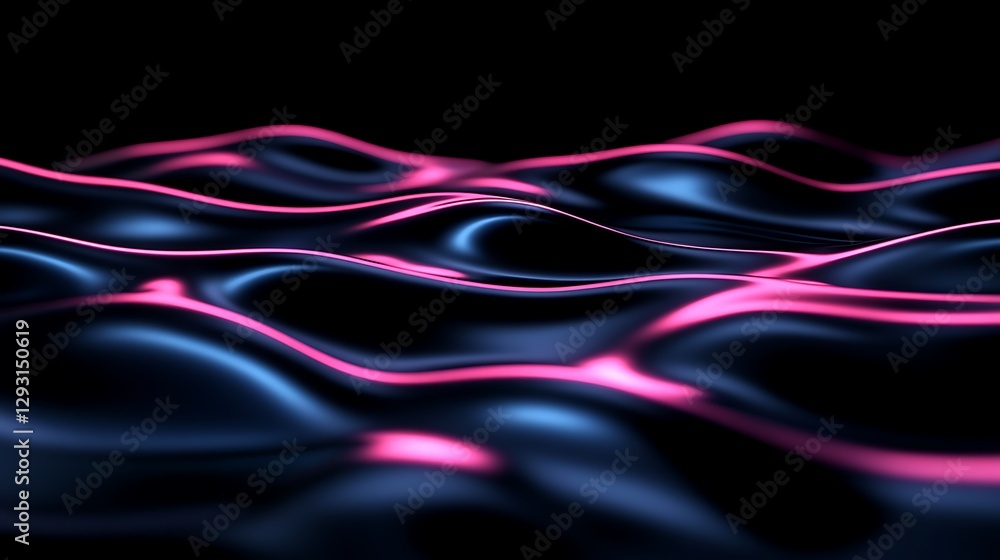 Poster abstract background with flowing waves in neon pink and black colors for digital and graphic design 