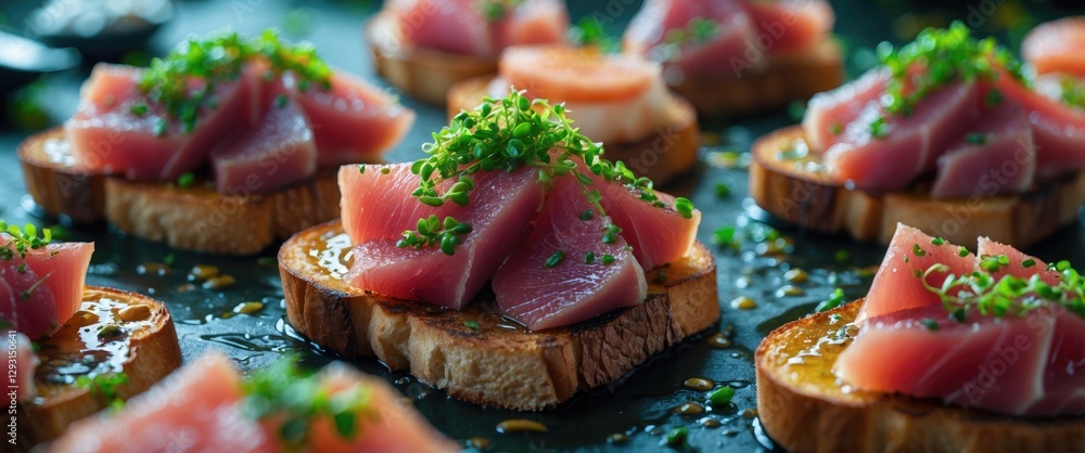 Poster seared tuna toast appetizer garnished with chives on dark background with empty space for text or br