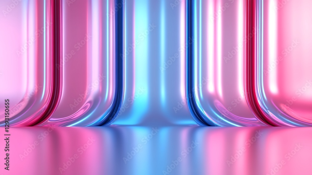 Poster abstract background with smooth curved lines in pink and blue with reflections and illuminated glow