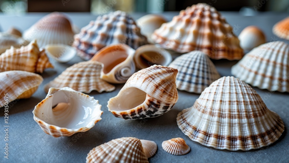 Poster variety of beautiful sea shells displayed on a table showcasing their intricate patterns and colors 