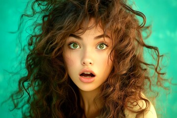 Fototapeta premium Long trim - curly hair. Commercial marketing artwork. Pretty very astonished mixed-race girl - for ads, magazine ad and online promotion promotion use. Black woman style inspiration.