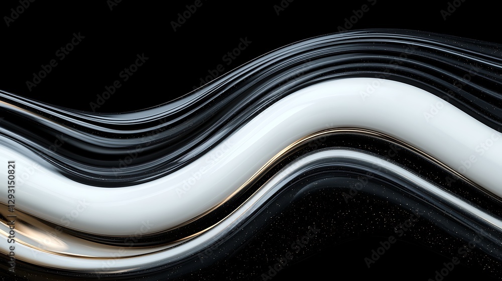 Poster abstract black and white wavy lines with smooth curves and shiny surface patterns on dark background