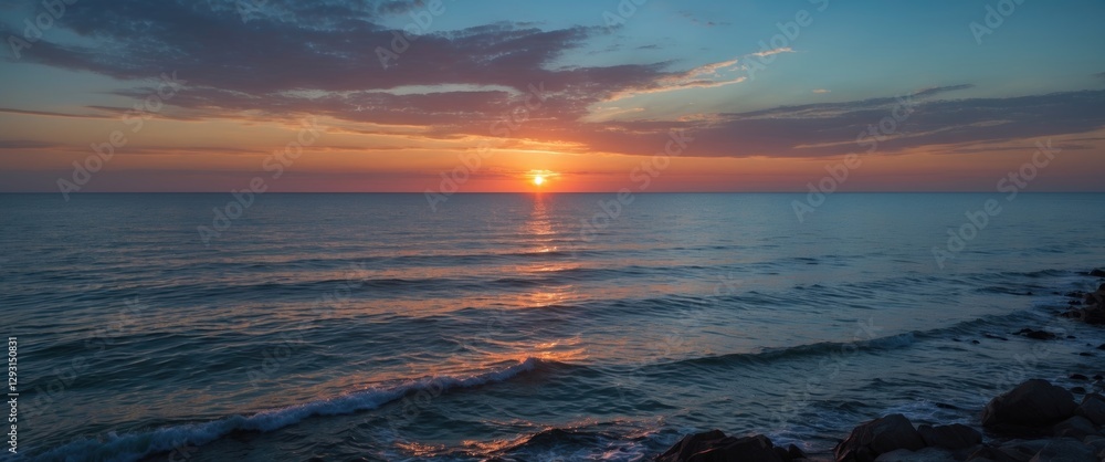 Poster serene sunset over tranquil sea with colorful sky and soft waves ideal for text overlay or backgroun