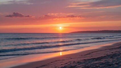 Fototapeta premium Serene Beach Sunset Illuminates Calm Waters Creating a Peaceful Evening Atmosphere for Vacationers and Nature Enthusiasts.