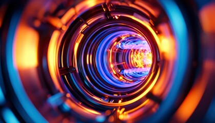 Glowing Core in Circular Tunnel with Orange and Blue Lights