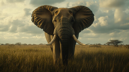 Majestic African elephant standing in golden savanna with powerful tusks and wrinkled skin under...