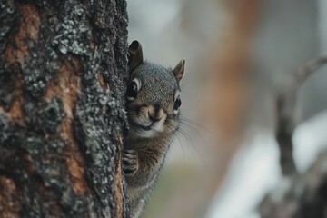 Obraz premium Squirrel peeking from behind a tree trunk in a snowy forest setting during winter