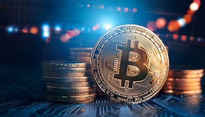 Financial technology and graphics; bitcoins in display with graphics in the background; fintech and cryptocurrency; digital currency and futuristic finance