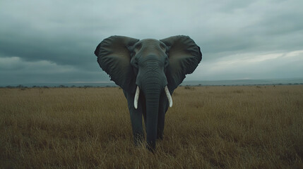 Majestic African elephant standing in golden savanna with powerful tusks and wrinkled skin under...