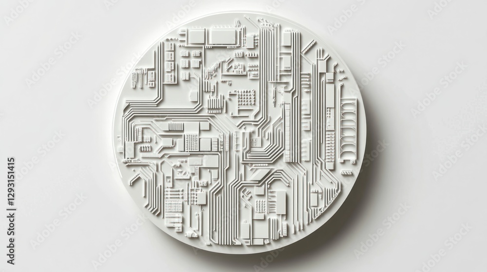 Poster abstract circular circuit board design, 3d rendering of a stylized, elevated circuit board layout on