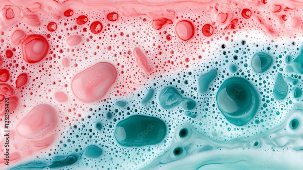 Poster abstract colorful bubbles with red and blue patterns on fluid surface for creative background design