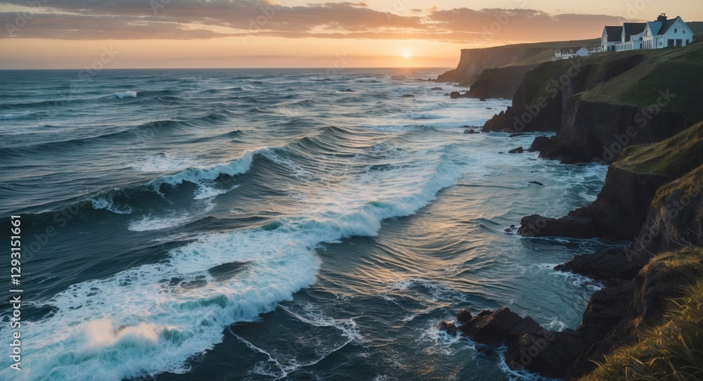 Poster serene ocean coastline with waves clashing against cliffs and houses at sunset with space for text o