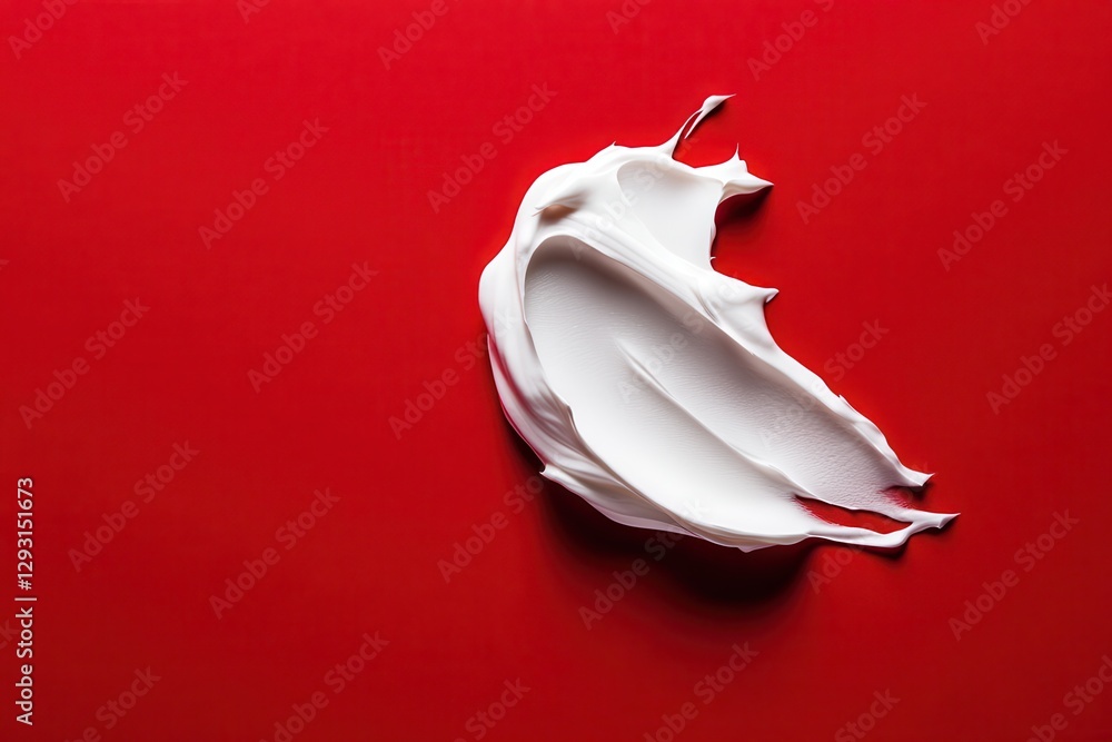 Poster creamy white substance spreads across vibrant red background creating an artistic contrast