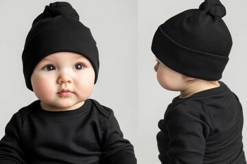 Baby wearing black beanie and outfit, showcasing adorable expressions in a simple studio setting