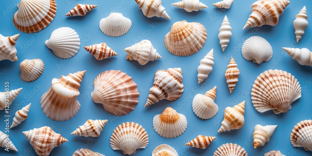 Aufkleber variety of seashells arranged on a light blue background with clean space for text and design elemen