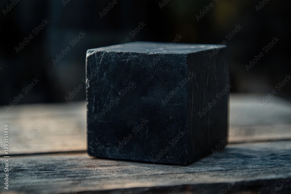Poster Dark rectangular object resting on a wooden surface in soft natural light during the late afternoon