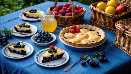 Charming Picnic Table Setting with Blueberry Pie, Fresh Fruits, and Herbal Tea on Blue Linen for a Romantic Outdoor Experience.