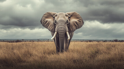 Fototapeta premium Majestic African elephant standing in golden savanna with powerful tusks and wrinkled skin under dramatic stormy skies.
