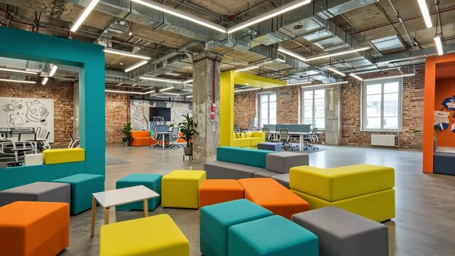 A vibrant office space designed for collaboration and creativity, featuring colorful furniture and an open layout.