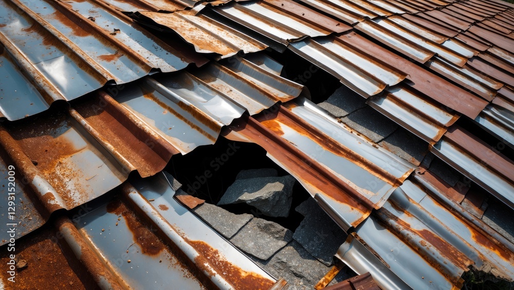 Poster weathered rusty zinc roof tiles with a significant hole showing underlying structure and debris expo
