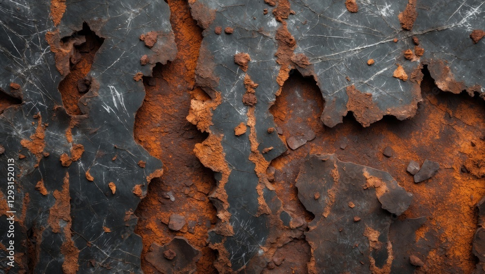Poster rusty metal surface with intricate scratches and peeling texture showcasing a blend of orange rust a